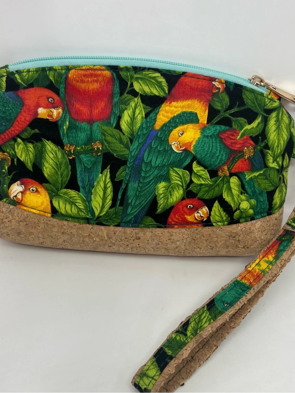 Handmade Tropical Parrot Cork Fabric Wristlet  Zipper Pouch Clutch Bag